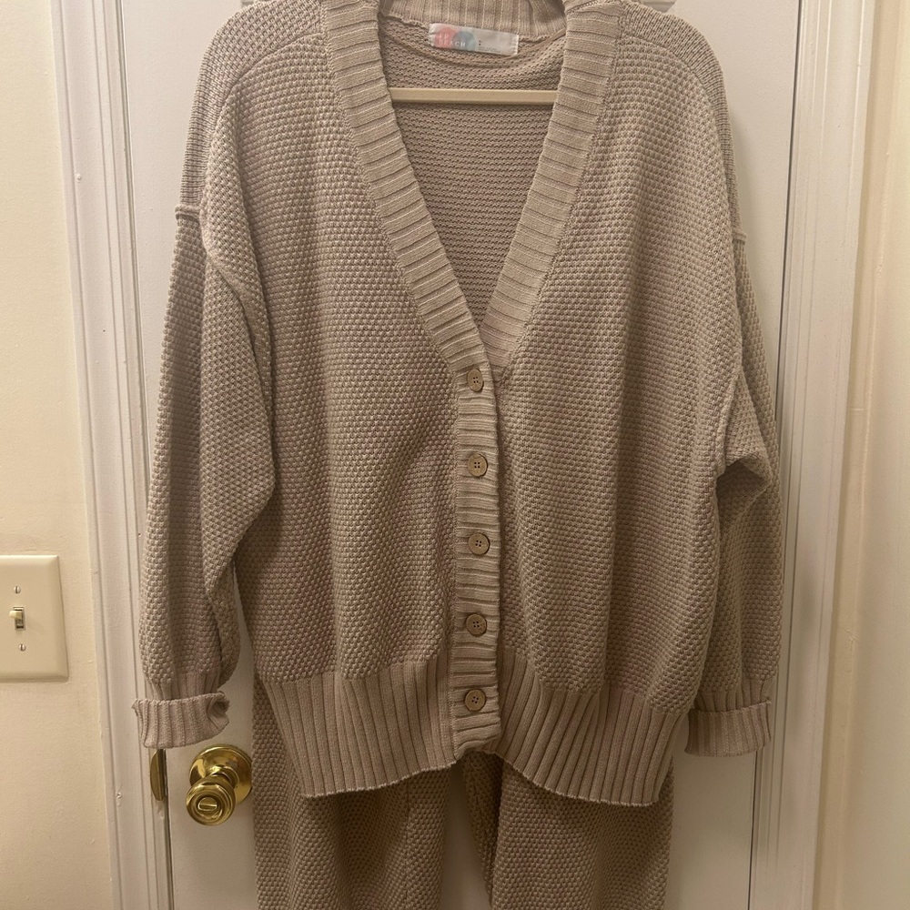 Free People Hailee Beige Chunky Knit Button-Up Cardigan and Pant Set